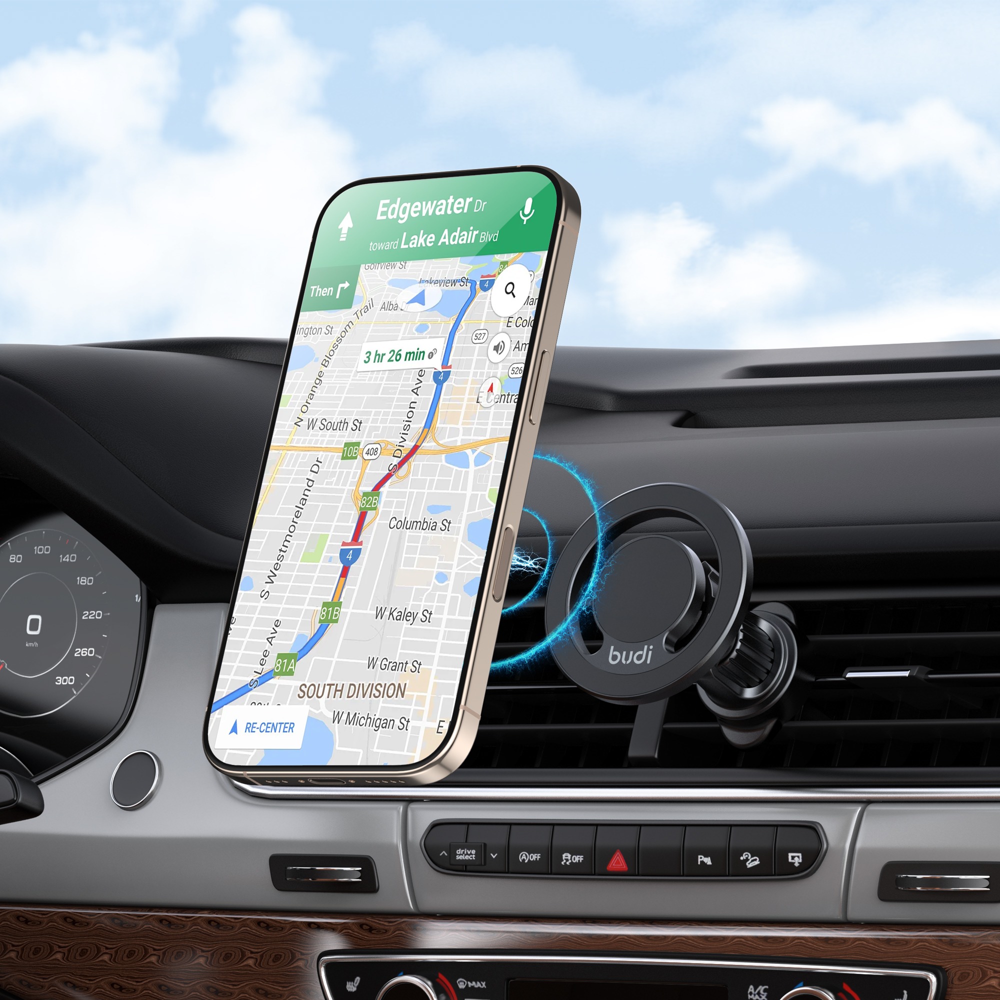 BUDI magnetic car mount in everyday driving use